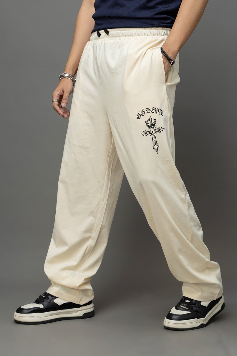 GO DEVIL Cream Gothic Cross Print Joggers For Men - Image 1
